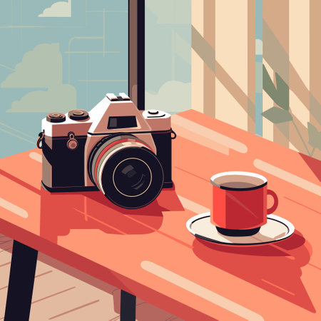 Vintage film photo camera on the table illustration vector