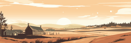 Warm evening rural countryside landscape with fields and village, panorama illustration vectorのイラスト素材