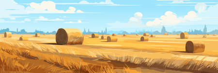 Sunny day rural countryside landscape with wheat fields, vector panorama illustration, agriculture sceneのイラスト素材