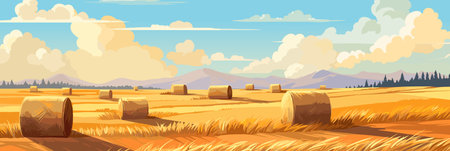 Sunny day rural countryside landscape with wheat fields, vector panorama illustration, agriculture sceneのイラスト素材