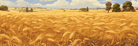 Sunny day rural countryside landscape with wheat fields, vector panorama illustration, agriculture sceneのイラスト素材