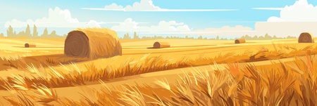 Sunny day rural countryside landscape with wheat fields, vector panorama illustration, agriculture sceneのイラスト素材