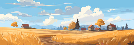 Sunny day rural countryside landscape with wheat fields, vector panorama illustration, agriculture sceneのイラスト素材