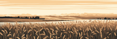 Warm evening rural countryside landscape with wheat fields, vector panorama illustration, agriculture sceneのイラスト素材
