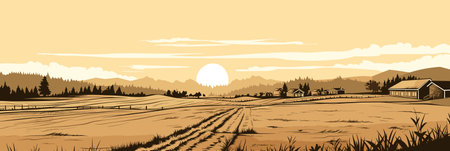 Warm evening rural countryside landscape with fields and village, panorama illustration vectorのイラスト素材