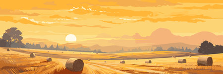 Warm evening rural countryside landscape with wheat fields, vector panorama illustration, agriculture sceneのイラスト素材