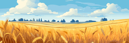 Sunny day rural countryside landscape with wheat fields, vector panorama illustration, agriculture sceneのイラスト素材
