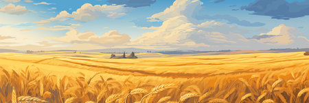 Sunny day rural countryside landscape with wheat fields, vector panorama illustration, agriculture sceneのイラスト素材