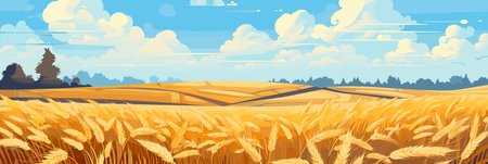 Sunny day rural countryside landscape with wheat fields, vector panorama illustration, agriculture sceneのイラスト素材