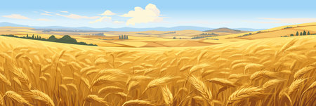 Sunny day rural countryside landscape with wheat fields, vector panorama illustration, agriculture sceneのイラスト素材