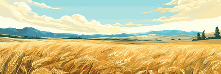 Sunny day rural countryside landscape with wheat fields, vector panorama illustration, agriculture sceneのイラスト素材