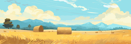 Sunny day rural countryside landscape with wheat fields, vector panorama illustration, agriculture sceneのイラスト素材