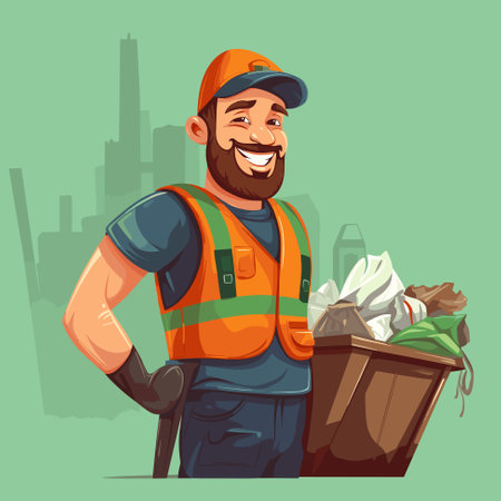 Garbage collector carrying garbage waste rubbish bin, cartoon vector illustrationのイラスト素材