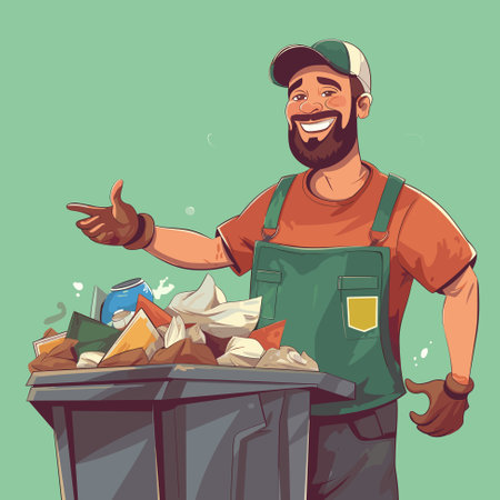 Garbage collector carrying garbage waste rubbish bin, cartoon vector illustrationのイラスト素材