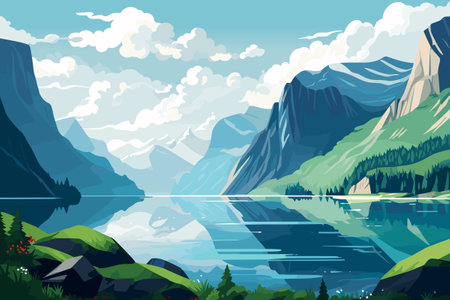 Panorama fjord landscape in Norway. Vector illustrationのイラスト素材