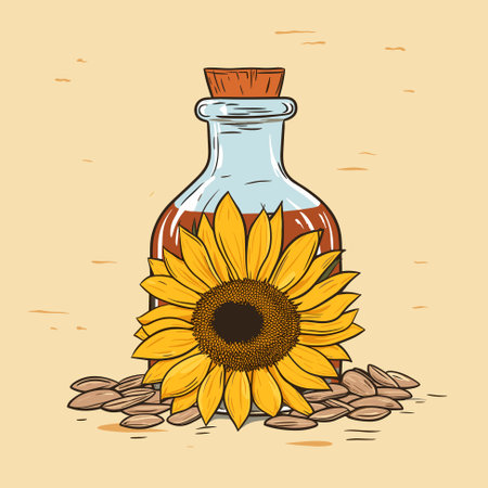 Bottle of sunflower oil with flower and heap of seed. Vector illustration for menu, banner, label,   flyerのイラスト素材