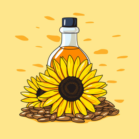 Bottle of sunflower oil with flower and heap of seed. Vector illustration for menu, banner, label,   flyerのイラスト素材