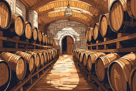 Cellar with wood barrels for wine, whiskey, rum or cognac. Cask from oak wood in storage of distillery or winery. Illustration vectorのイラスト素材