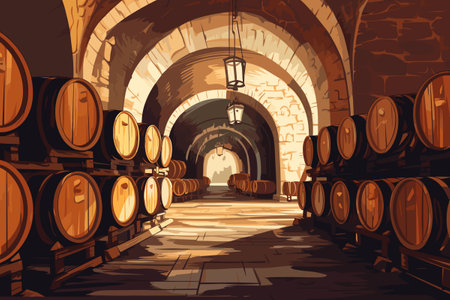 Cellar with wood barrels for wine, whiskey, rum or cognac. Cask from oak wood in storage of...