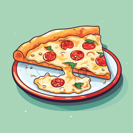 Slice of delicious pizza with various ingredients on the plate. Italian pizza cartoon style illustration vectorのイラスト素材