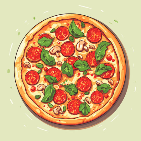Slice of delicious pizza with various ingredients on the plate. Italian pizza cartoon style illustration vectorのイラスト素材