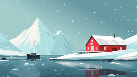 Cartoon Arctic Ice Landscape Far North Concept. Polar station. Vector illustration of Polar Natureのイラスト素材