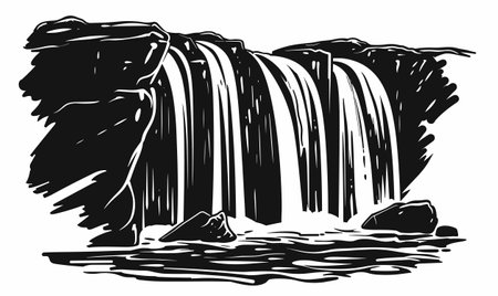 Waterfall with landscape view background, vector cartoon style illustrationのイラスト素材