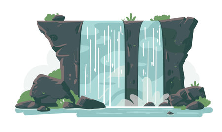 Waterfall with landscape view background, vector cartoon style illustrationのイラスト素材