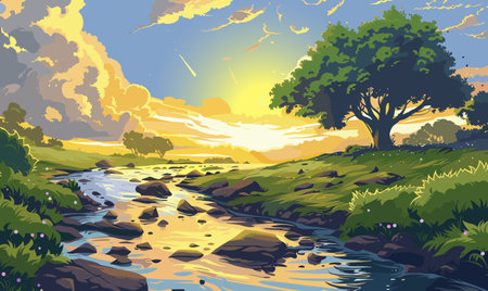 Vector illustration of a beautiful river scenery. Warm summer eveningのイラスト素材