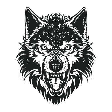Angry wolf head showing his sharp teeth, mascot,  tattoo template, illustration vector
