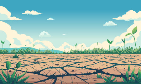 Natural Disasters. The ground is cracked by the drought and the sun is hot. Vectorのイラスト素材