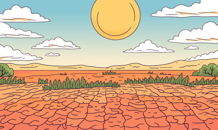 Natural Disasters. The ground is cracked by the drought and the sun is hot. Vectorのイラスト素材