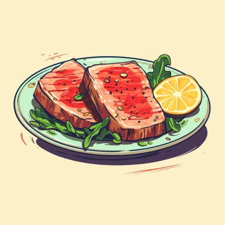 Grilled tuna steak on plate. Cooked salmon fillet fish with vegetables. Vector illustrationのイラスト素材