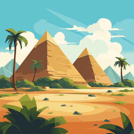 Egyptian desert with pyramids. Cartoon vector illustration of landscape with ancient pharaoh tombsのイラスト素材