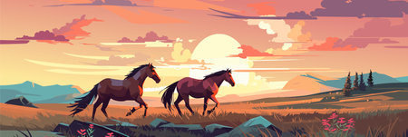Rural landscape with grazing horses with green meadows in background, warm evening vector panorama