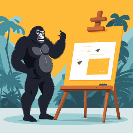 Monkey gorilla giving presentation or lecture on a flipchart. Gorilla showing flipchart Vector...