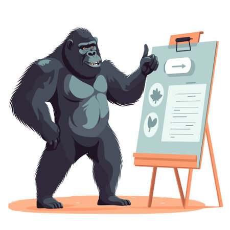 Monkey gorilla giving presentation or lecture on a flipchart. Gorilla showing flipchart Vector...