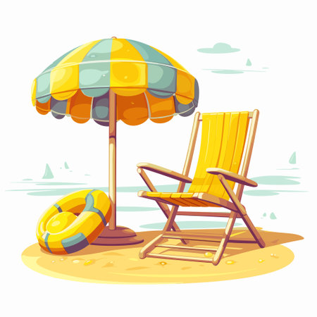 Vacation and travel concept. Beach umbrella, beach chair.のイラスト素材
