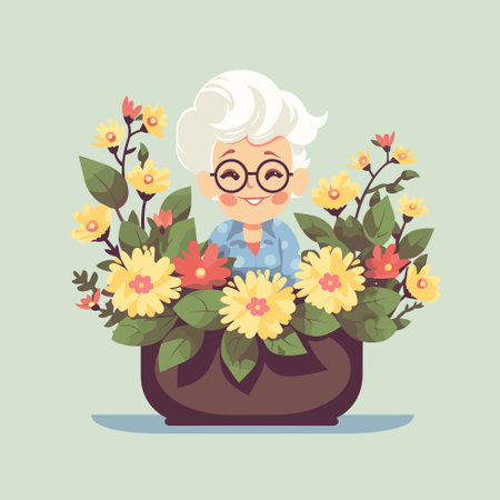 Happy old woman gardening flowers. Organic gardening vector illustrationのイラスト素材