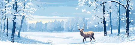 Deer in the forest winter landscape. Deer in the woods among the trees. Panorama vector illustration.のイラスト素材