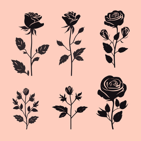Flower icon. Set of decorative rose silhouettes on pink background. Vector roseのイラスト素材