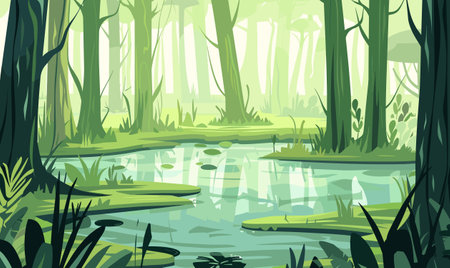 Swamp in the forest. Landscape with marsh, water lilies, trees trunks and bog grass. Vector cartoon illustration of wild forest with river, lake or swamp, vectorのイラスト素材
