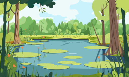 Swamp in the forest. Landscape with marsh, water lilies, trees trunks and bog grass. Vector cartoon illustration of wild forest with river, lake or swamp, vectorのイラスト素材