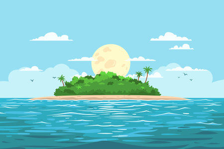 Robinson Crusoe island. Uninhabited desert island in ocean. Sunny day. Tropical paradise landscape, cartoon vector illustrationのイラスト素材