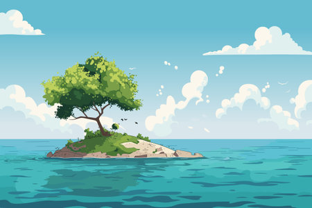 Robinson Crusoe island. Uninhabited desert island in ocean. Sunny day. Tropical paradise landscape, cartoon vector illustrationのイラスト素材