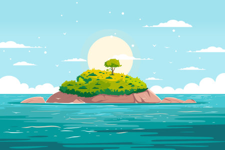 Robinson Crusoe island. Uninhabited desert island in ocean. Sunny day. Tropical paradise landscape, cartoon vector illustrationのイラスト素材