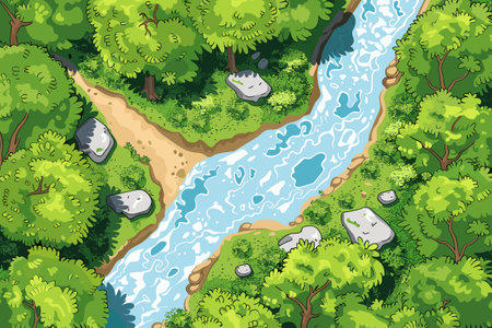 Beautiful River flowing across the vast landscape of green hills, top view, vectorのイラスト素材
