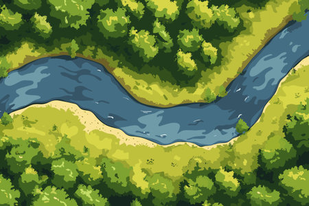Beautiful River flowing across the vast landscape of green hills, top view, vectorのイラスト素材