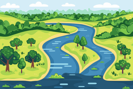 Beautiful River flowing across the vast landscape of green hills, vectorのイラスト素材