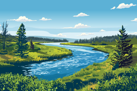 Beautiful River flowing across the vast landscape of green hills, vectorのイラスト素材